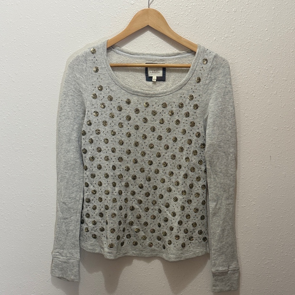 Deletta Gray Embellished Long Sleeve Top, Size M